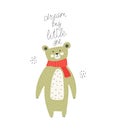 Dream big little one. Cartoon cute bear, hand drawing lettering, decor elements. Colorful vector illustration for kids, flat style